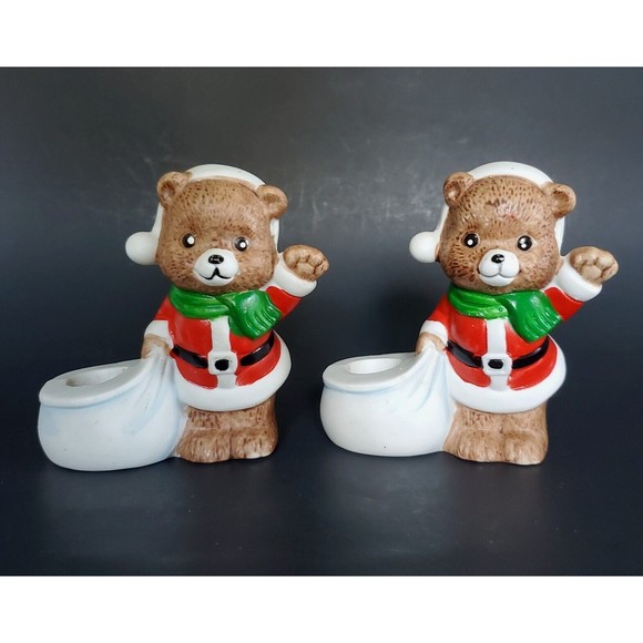 JSNY Holiday Friends Teddy Bear Santa Christmas Candle Stick Holders Vtg Taiwan - Picture 3 of 7